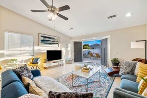 TV, fireplace, books