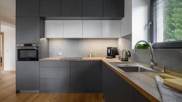 Apartment | Private kitchen | Microwave, oven, stovetop, electric kettle