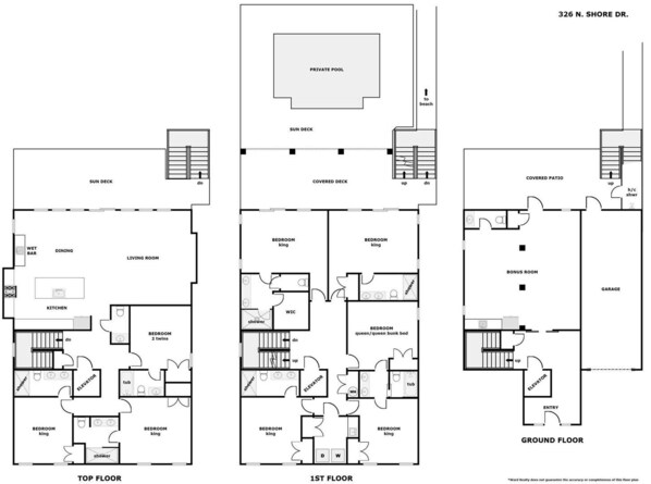 A 3-floor building layout with a private pool, sun deck, covered deck, and covered patio. - Ziggy's Place - New Luxury 8 BR Oceanfront Home; Pool & Elevator! (Surf City)