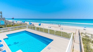 A pool area with a view of the beach and ocean. - Ziggy's Place - New Luxury 8 BR Oceanfront Home; Pool & Elevator! (Surf City)
