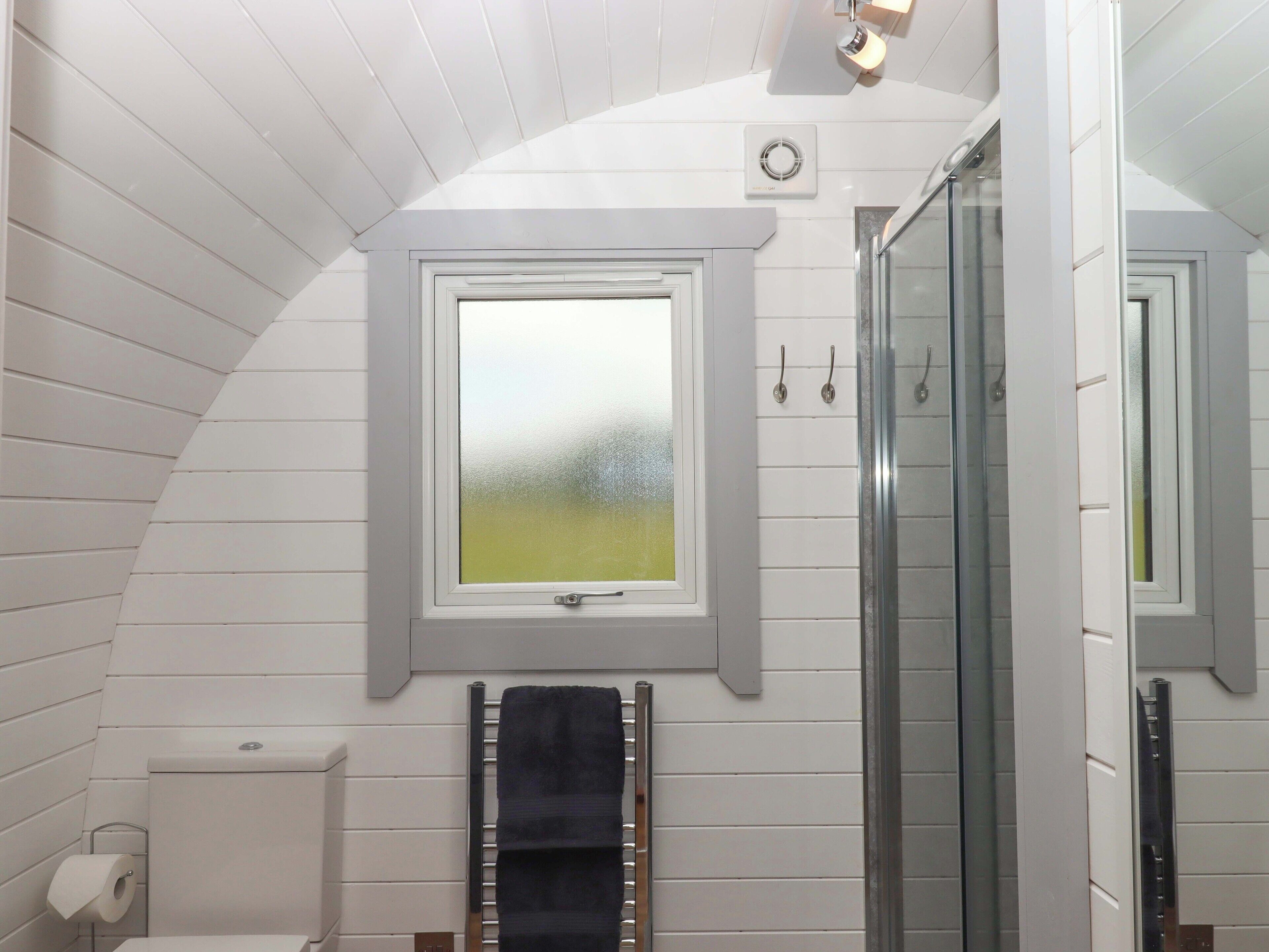 A bathroom with a skylight, a towel rack, and a glass shower enclosure.
