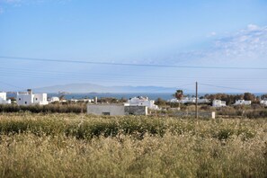 Ländliche Landschaft mit weißen Gebäuden, einem Feld voller Wildblumen und einer entfernten Aussicht auf Meer und Berge.