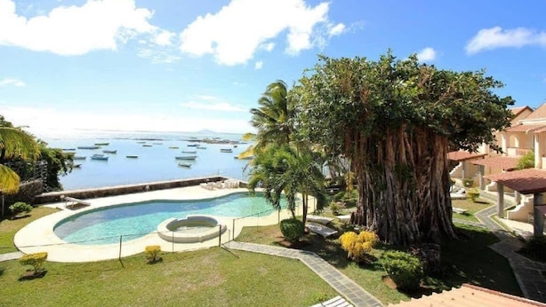 A pool area with a view of the sea, surrounded by palm trees and a large tree. - Résidence les Banians (Grand Gaube)