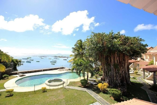 Outdoor pool, pool umbrellas, sun loungers