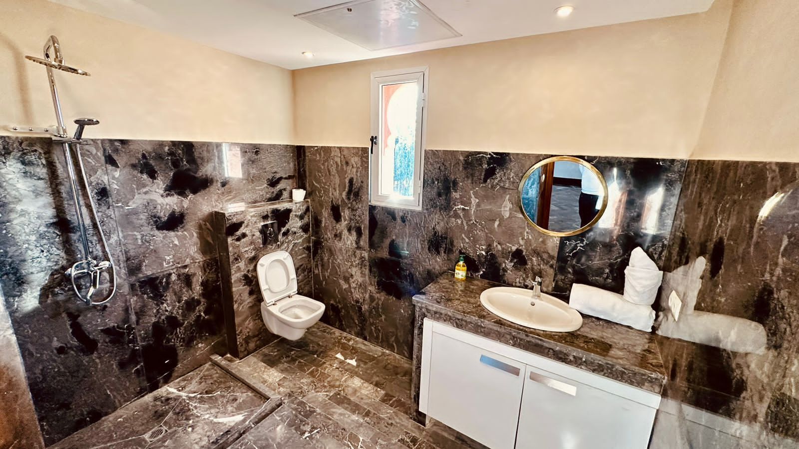 Baño con ducha de mármol, inodoro, lavabo y espejo.