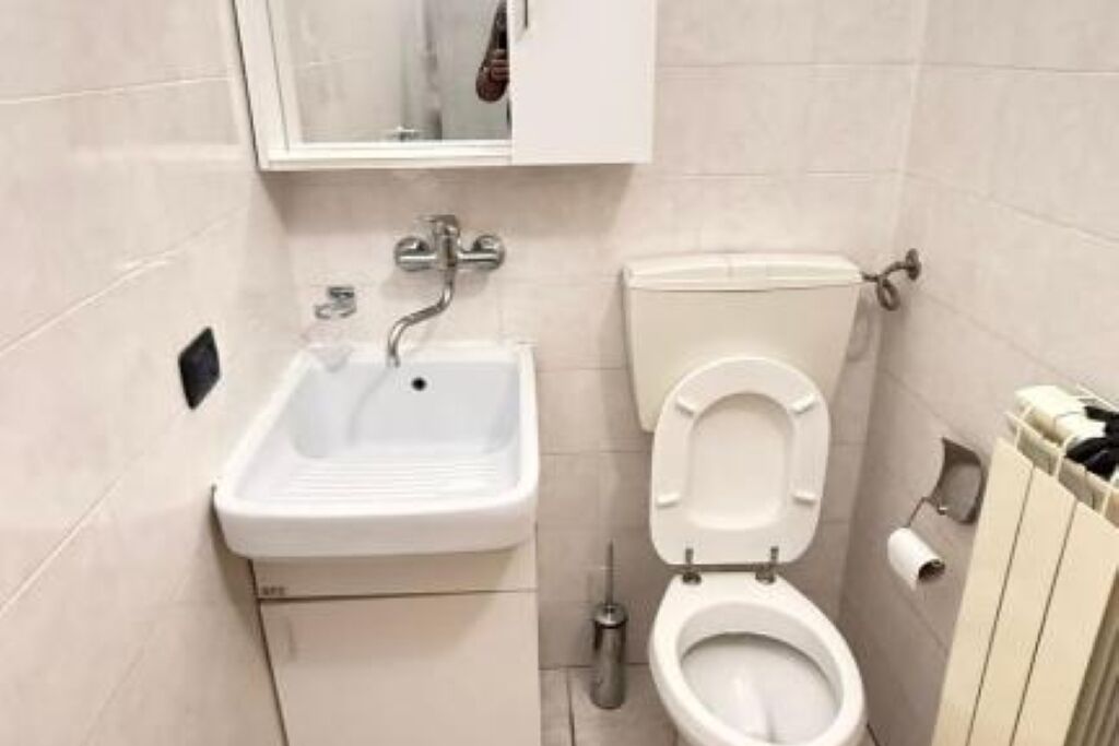 A small bathroom with a white sink, toilet, and mirror.