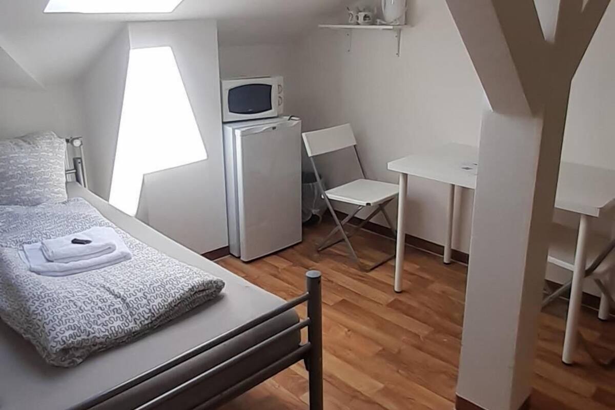 A bedroom with a skylight, a bed, a desk, and a microwave.