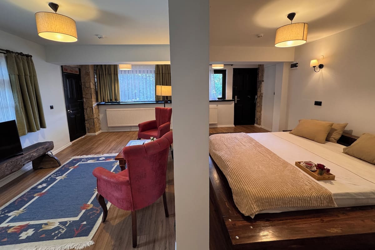 Habitación de hotel con una cama, un sillón rojo, un banco de madera, una alfombra y una ventana con cortinas.
