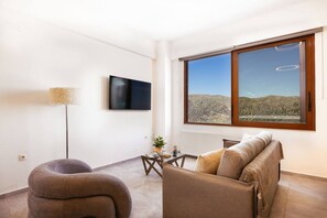 A modern living room with a large window, a flat-screen TV, a sofa, a chair, and a small table with a plant.
