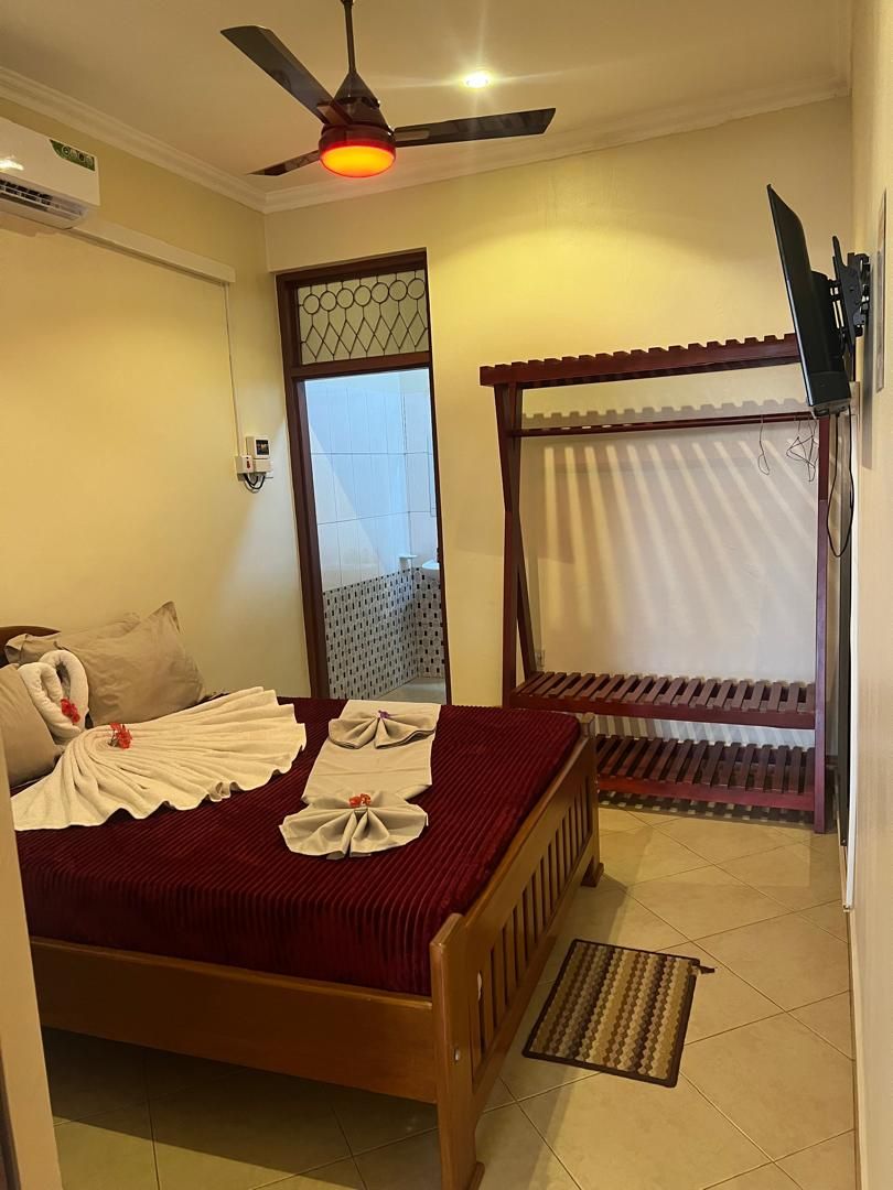 A hotel room with a bed, a ceiling fan, a TV, and a window with a view of the outside.