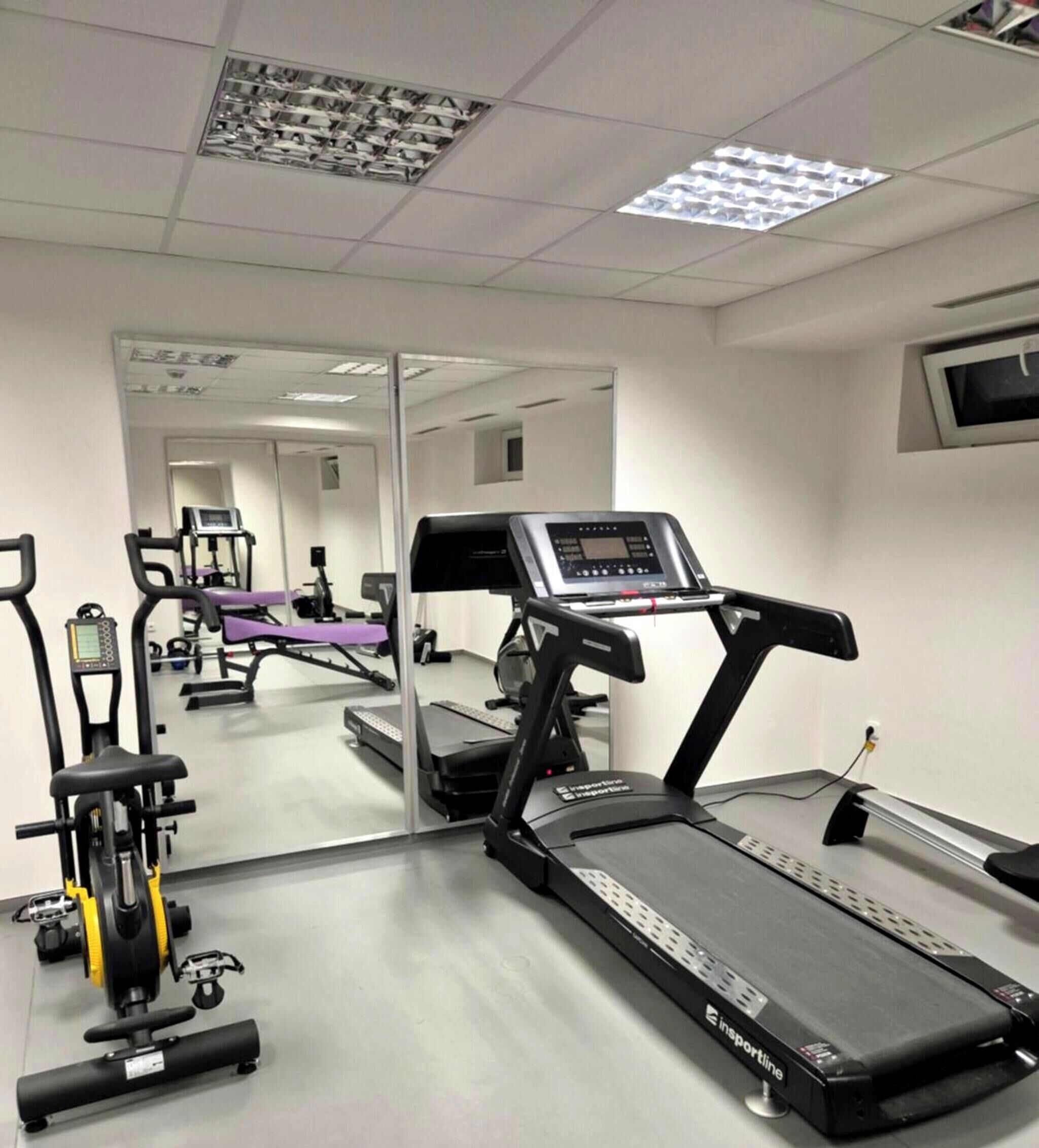 Un gimnasio con cintas de correr, bicicletas estáticas y máquinas de pesas.