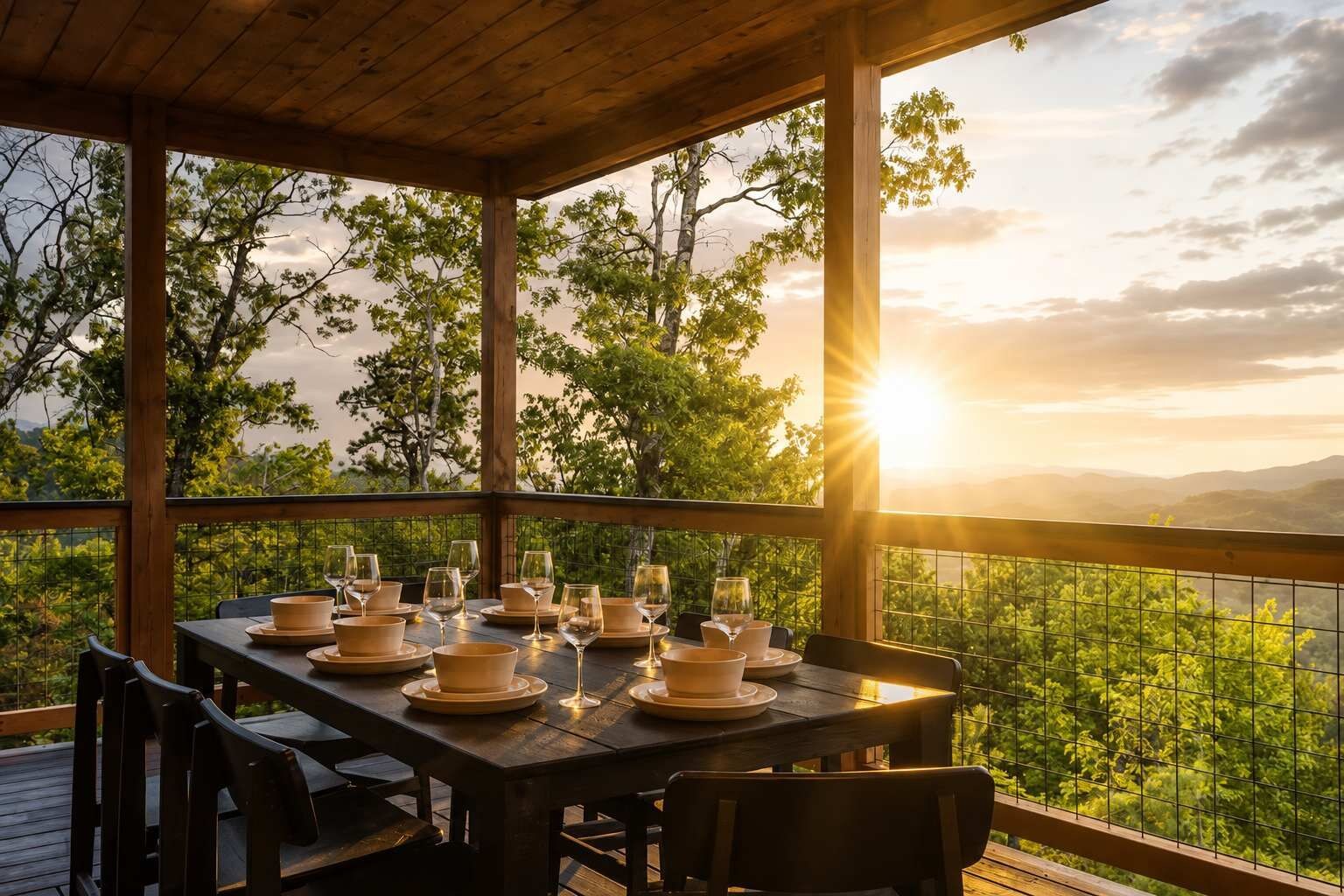 Een houten terras met een eettafel, met uitzicht op een bebost landschap bij zonsondergang.