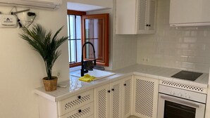 Uma cozinha com armários brancos, pia, fogão e uma planta em vaso.