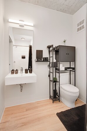 Shower, hair dryer, towels