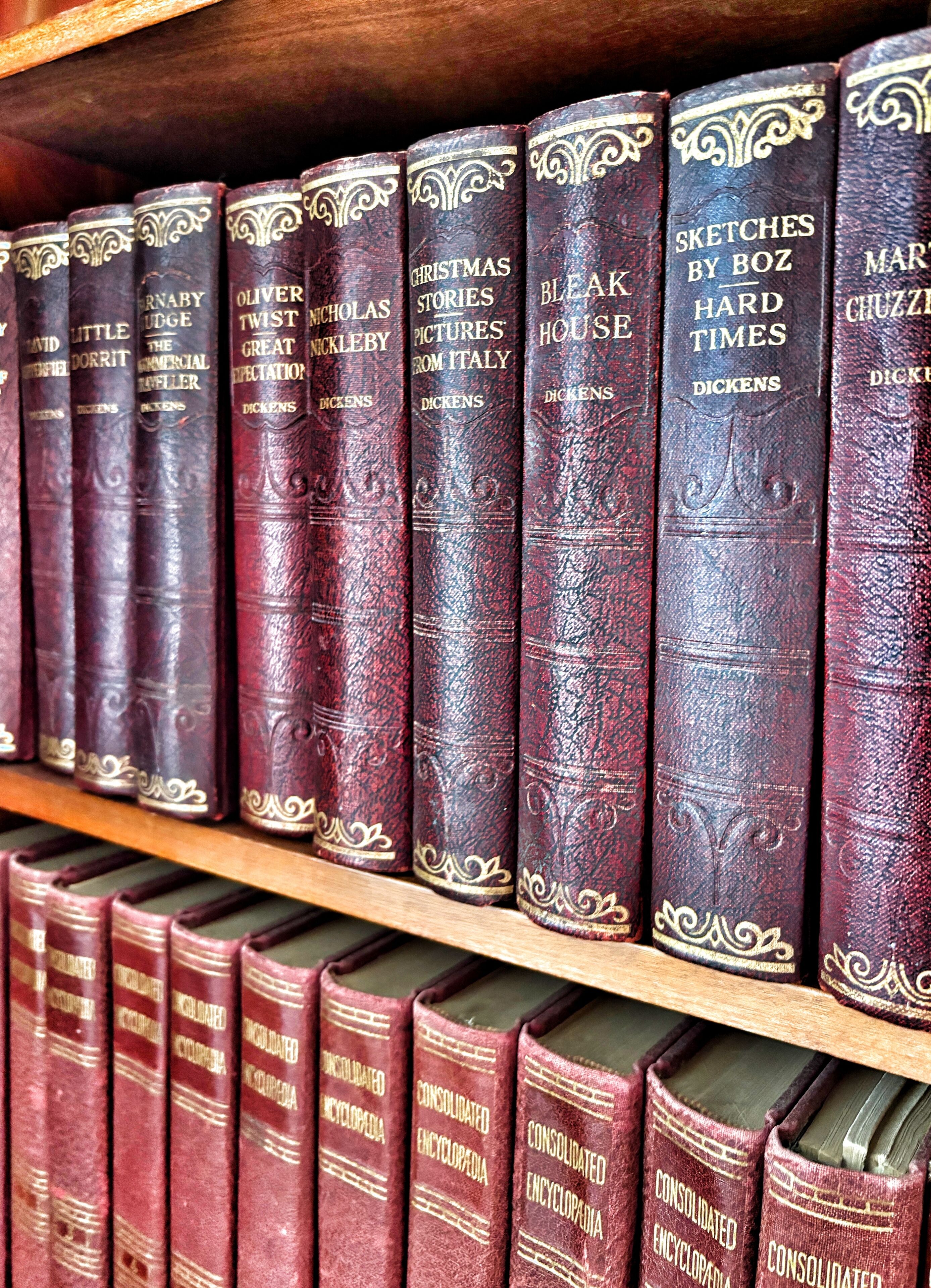 A shelf with a collection of hardcover books, including titles like 'Sketches by Boz' and 'Christmas Stories'.