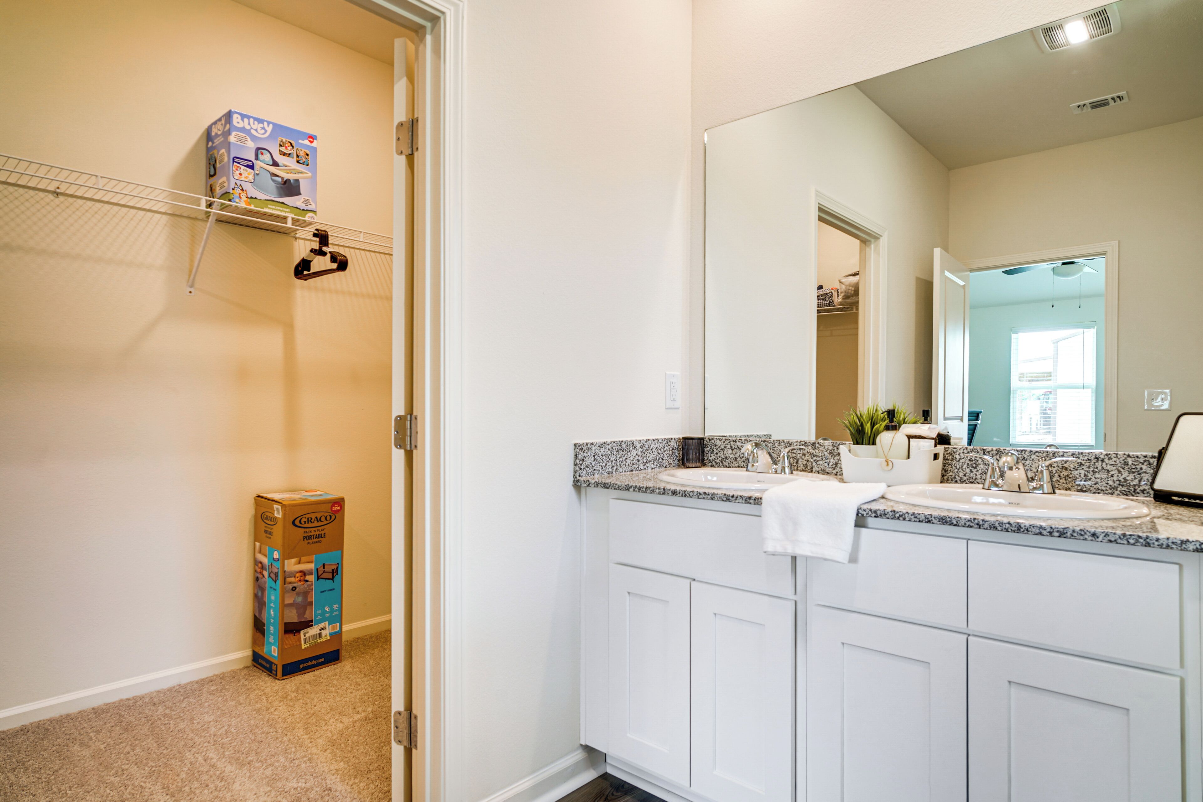 A bathroom with a white vanity, a large mirror, and a box of Graco Premium Plus carpet cleaner on the floor.