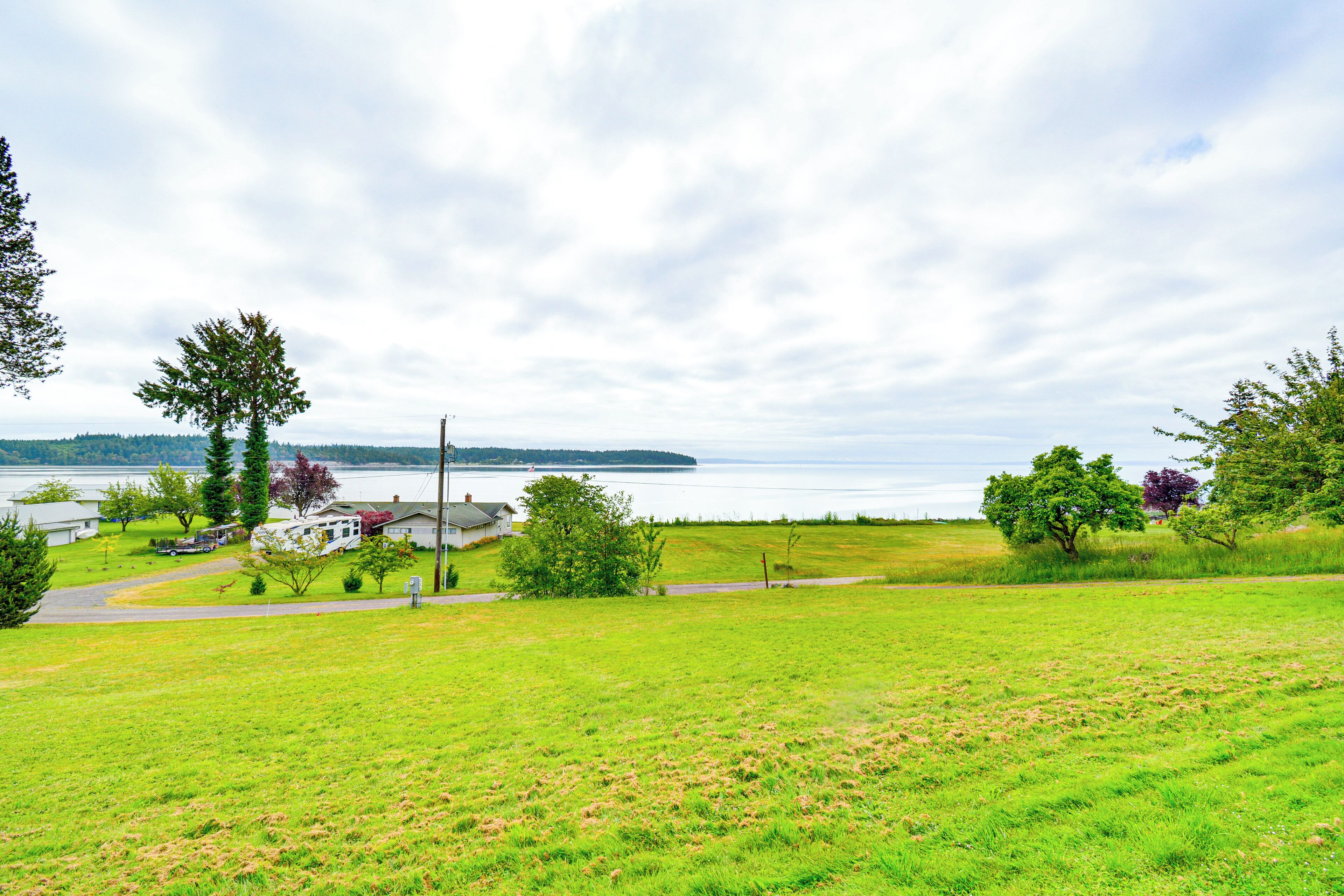 A grassy field with a few trees and a body of water in the background.