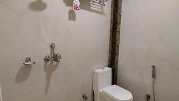 Shower, rainfall showerhead, slippers, soap