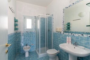 Ein Badezimmer mit Dusche, Bidet und Waschbecken, ausgestattet mit blauen Fliesen und einem Spiegel mit Zierrahmen.