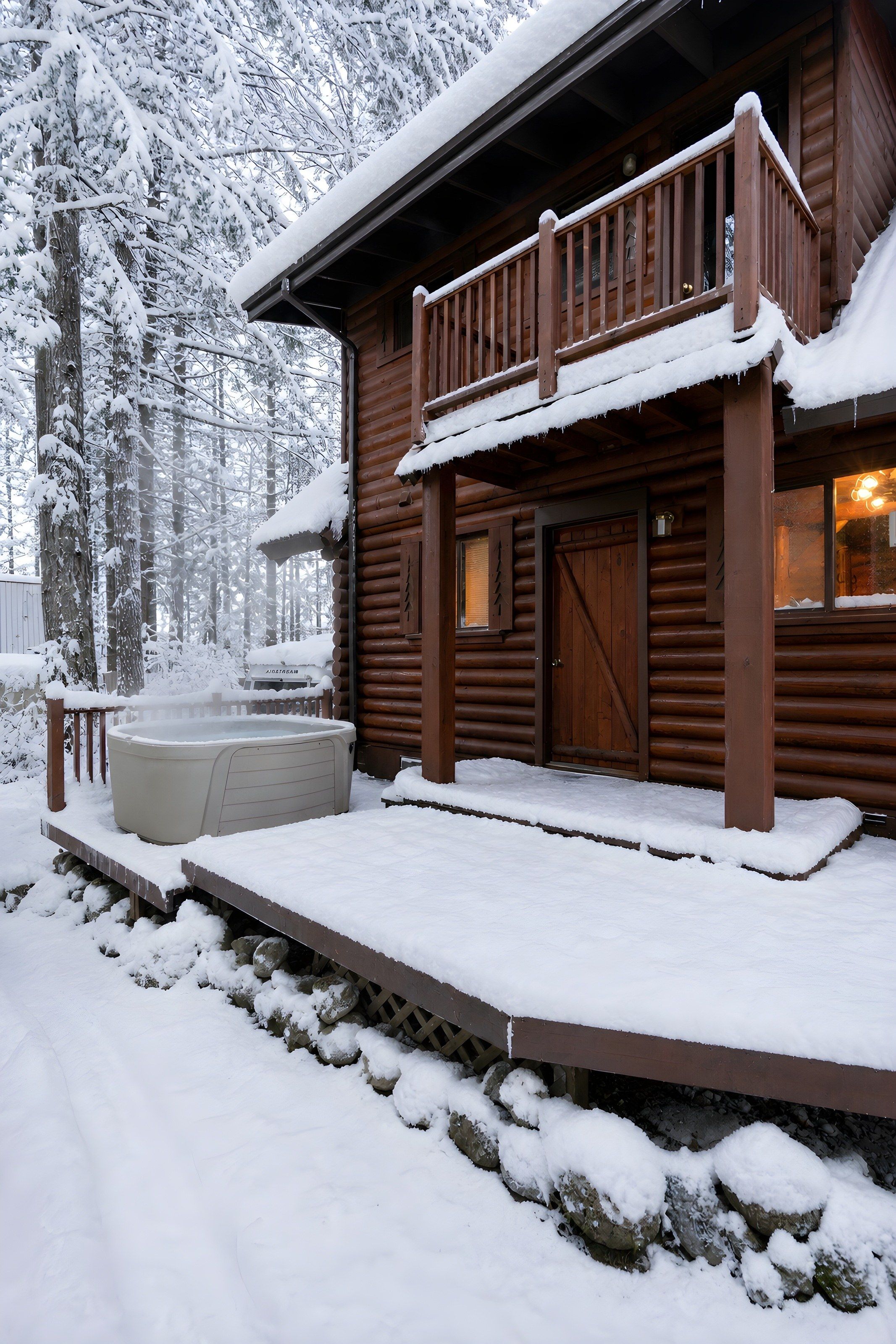 A wooden cabin with a covered porch and a hot tub.