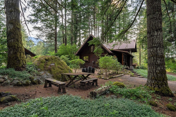 Una cabaña rústica rodeada de un bosque denso, con una mesa de madera y bancos al frente.
