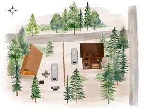 A cabin with a wooden exterior, surrounded by tall evergreen trees. There is a small dining area with a table and chairs, and a car parked nearby. - Log Cabin Compound | 6BR/5.5BA | 2 Hot Tubs (Mount Hood Village)