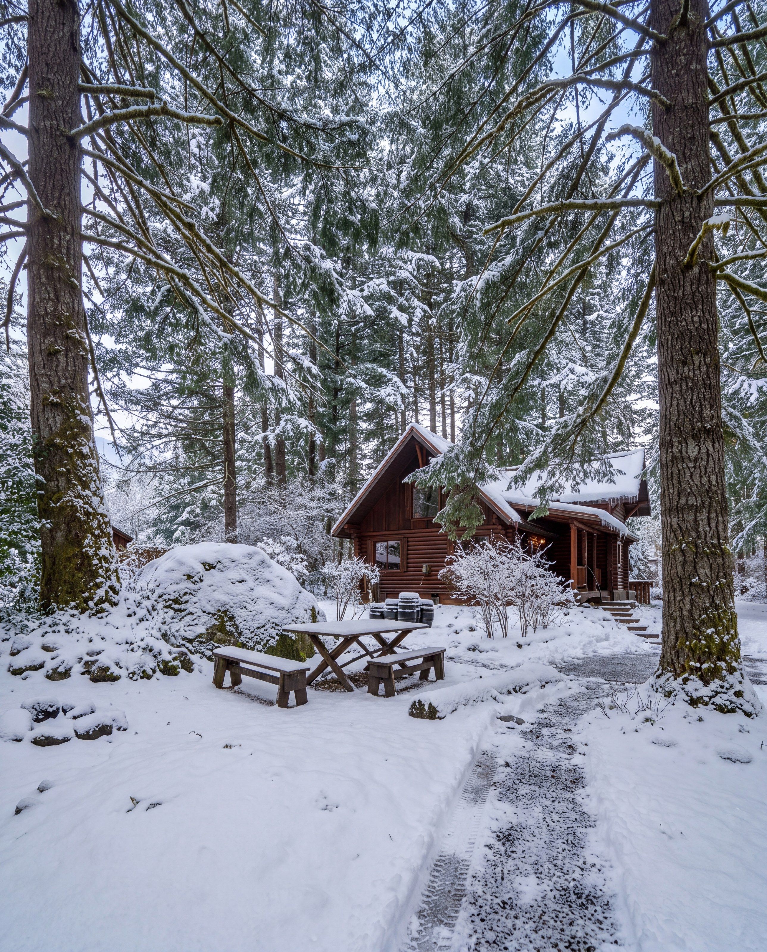 A cabin surrounded by snow-covered trees.