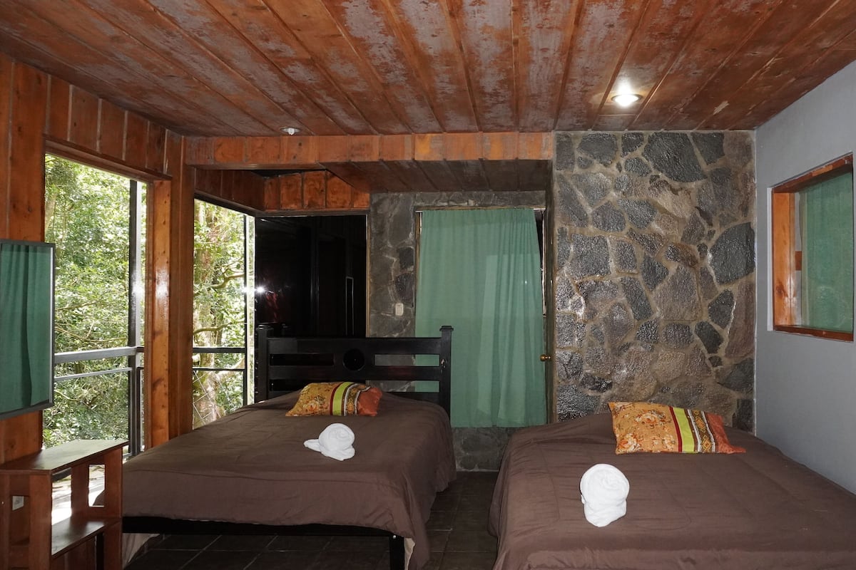 Habitación con dos camas, techo de madera, pared de piedra y vistas a la vegetación.