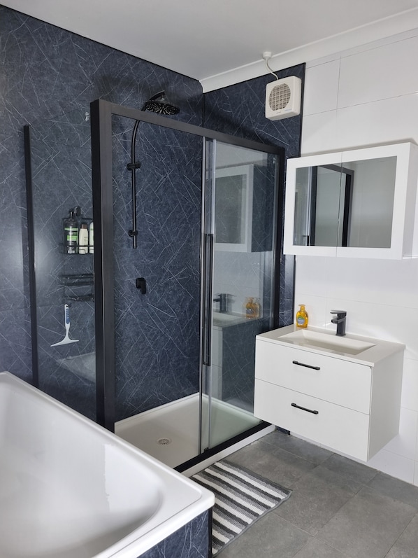 Hair dryer, towels, soap, toilet paper
