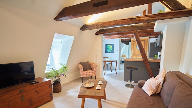 Un salon confortable avec un téléviseur, une table basse en bois et un canapé.