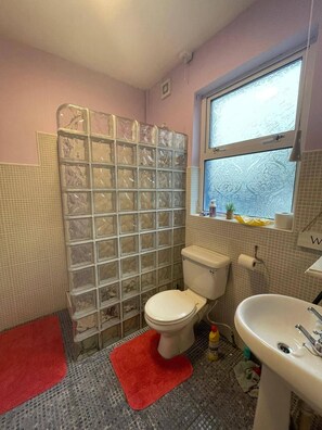 A bathroom with a toilet, sink, and shower area. - Cottage Retreat in Sligo- Sleeps4- Pet Friendly (Sligo)