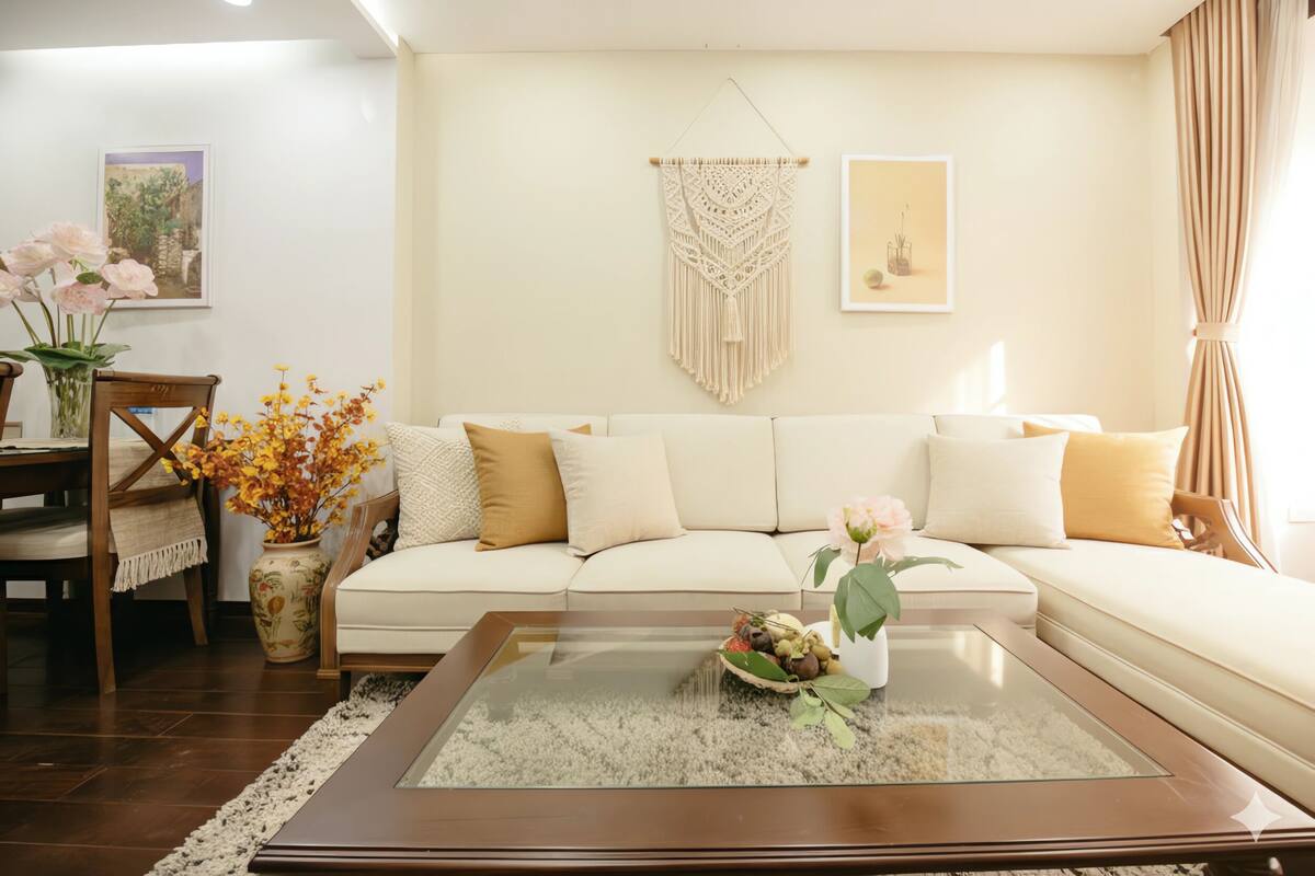 A living room with a sofa, coffee table, and decorative items.