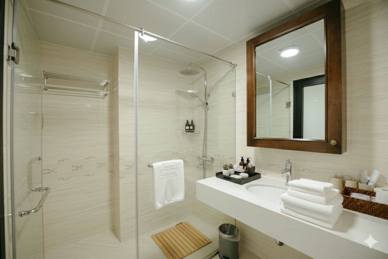 A modern bathroom with a glass-enclosed shower, a large mirror, and a vanity with a sink and towel rack.