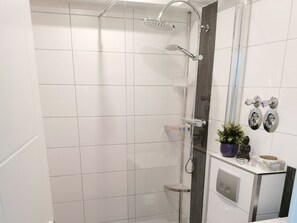 Douche, séchoir à cheveux, serviettes fournies