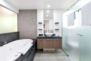 Shower, hair dryer, shampoo