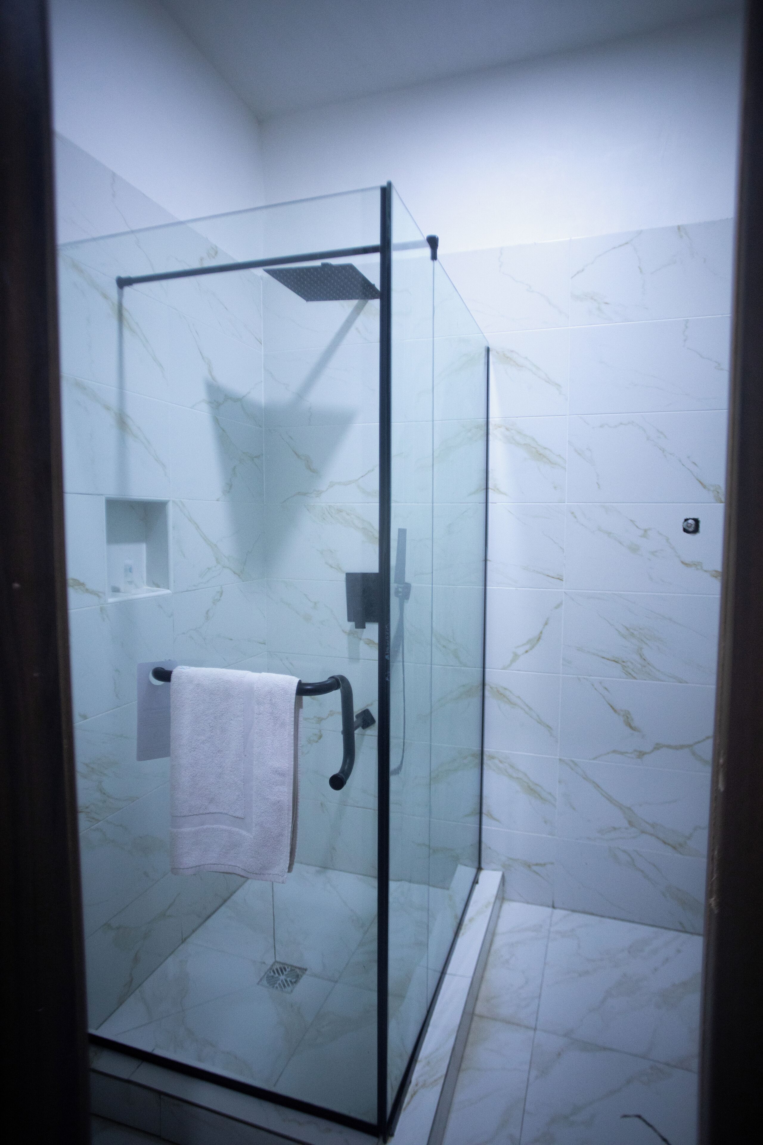 A glass-enclosed shower with a white marble wall and floor, a towel hanging on the door handle, and a small shelf with toiletries.