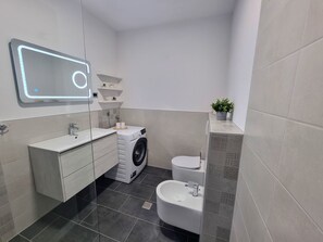 Shower, hair dryer, towels