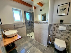 Shower, hair dryer, towels