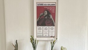 Une cheminée surmontée d’une affiche encadrée, un cactus et un vase de fleurs posés sur le manteau de la cheminée.