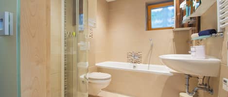 Hair dryer, towels, soap, toilet paper