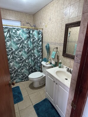 Een badkamer met toilet, wastafel en douchegordijn.