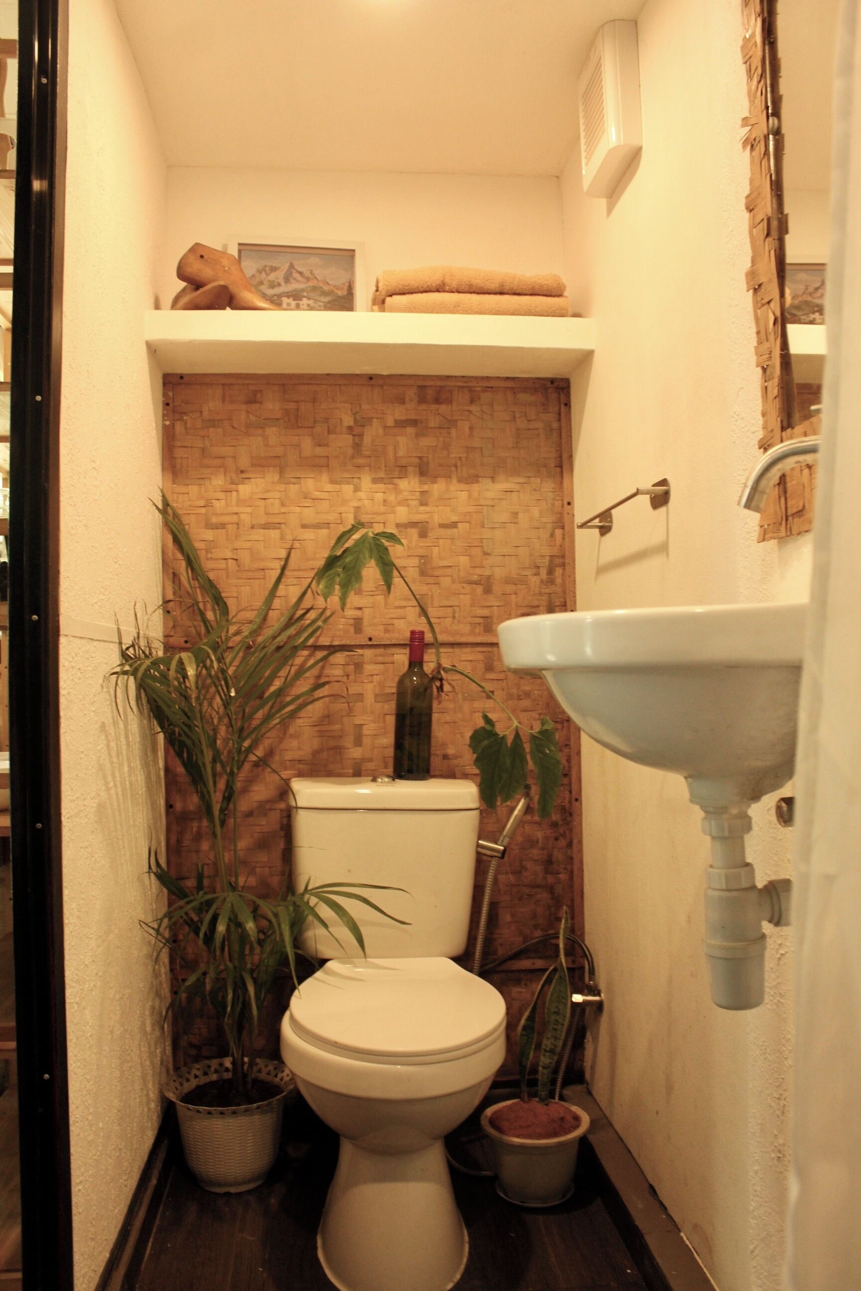 A compact bathroom with a toilet, sink, and two potted plants.