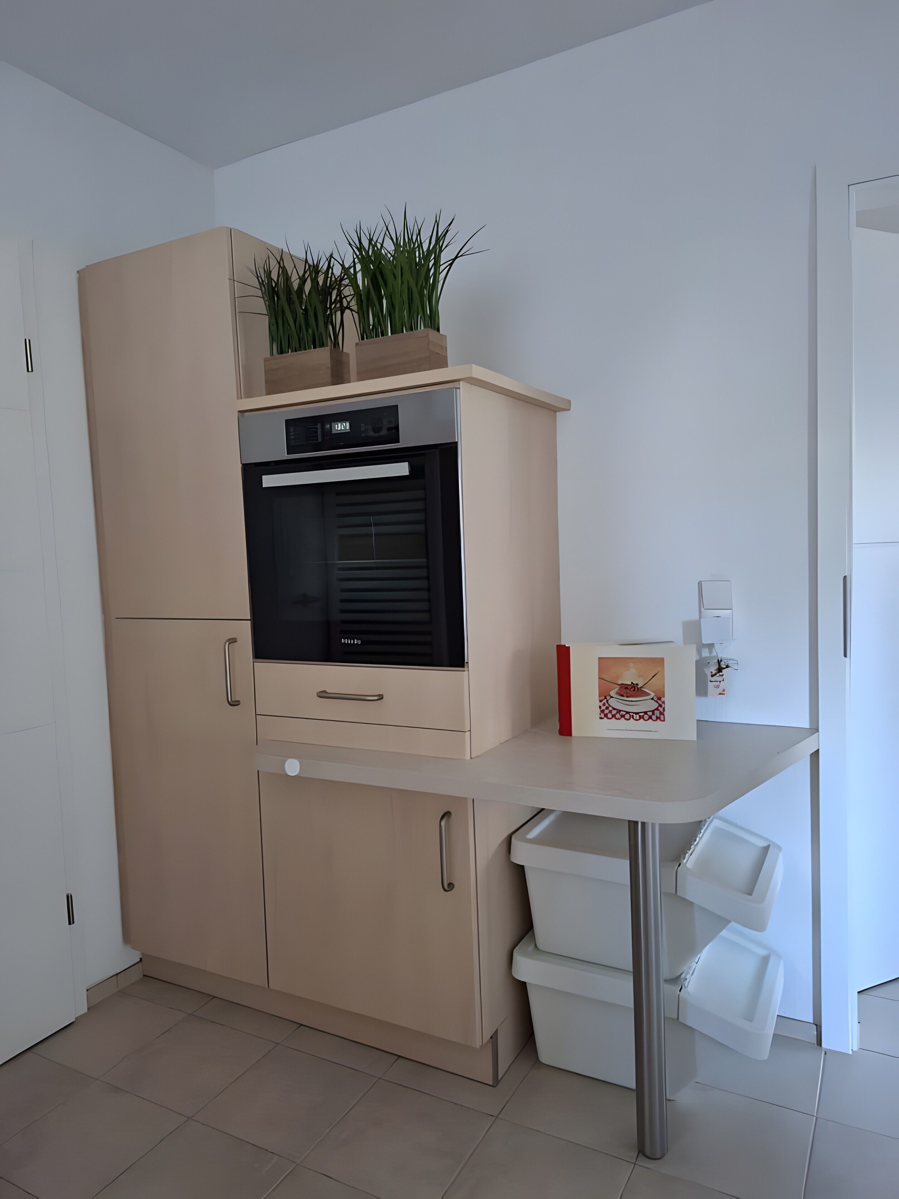 A modern kitchen with a built-in oven, a small countertop, and a plant on top.