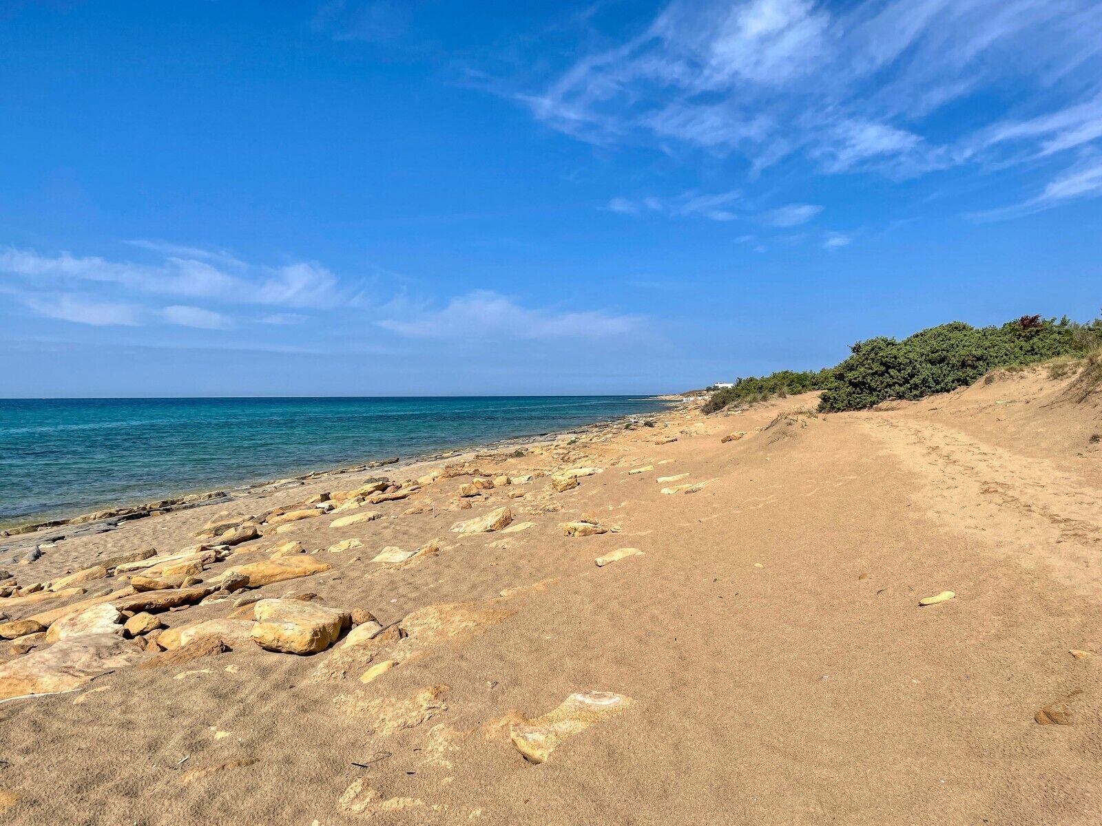 Una playa costera con cielos despejados, costa rocosa y vegetación escasa.