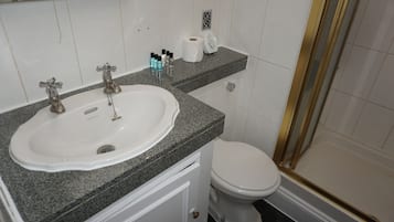 A bathroom with a white sink, a toilet, and a shower area.