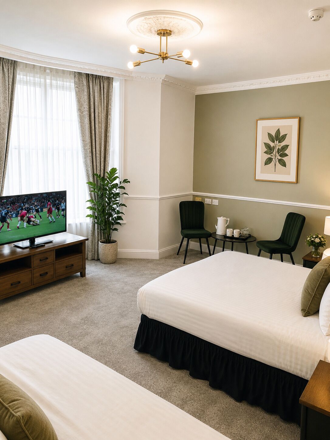 A hotel room with a large bed, a TV, a desk with two chairs, a potted plant, and a framed botanical print on the wall.
