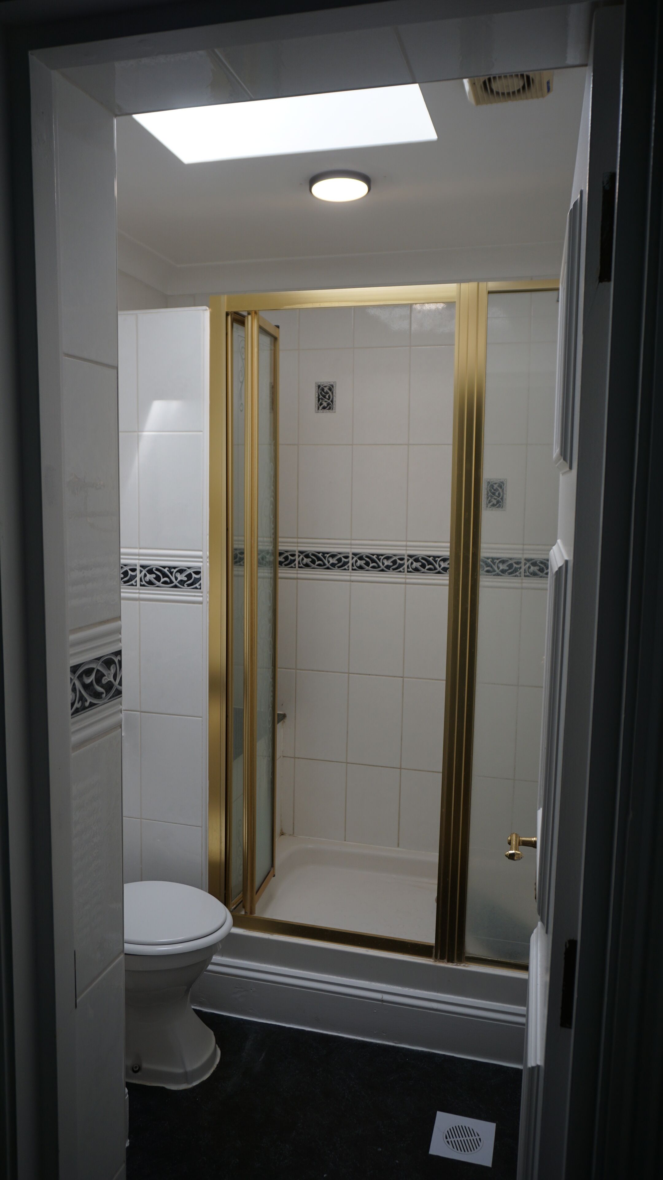 A bathroom with a white toilet, a shower with gold trim, and decorative tiles.