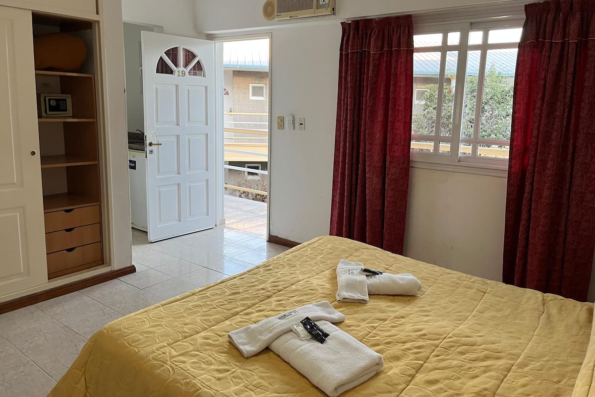A hotel room with a bed, a wardrobe, a door leading outside, and a window with curtains.