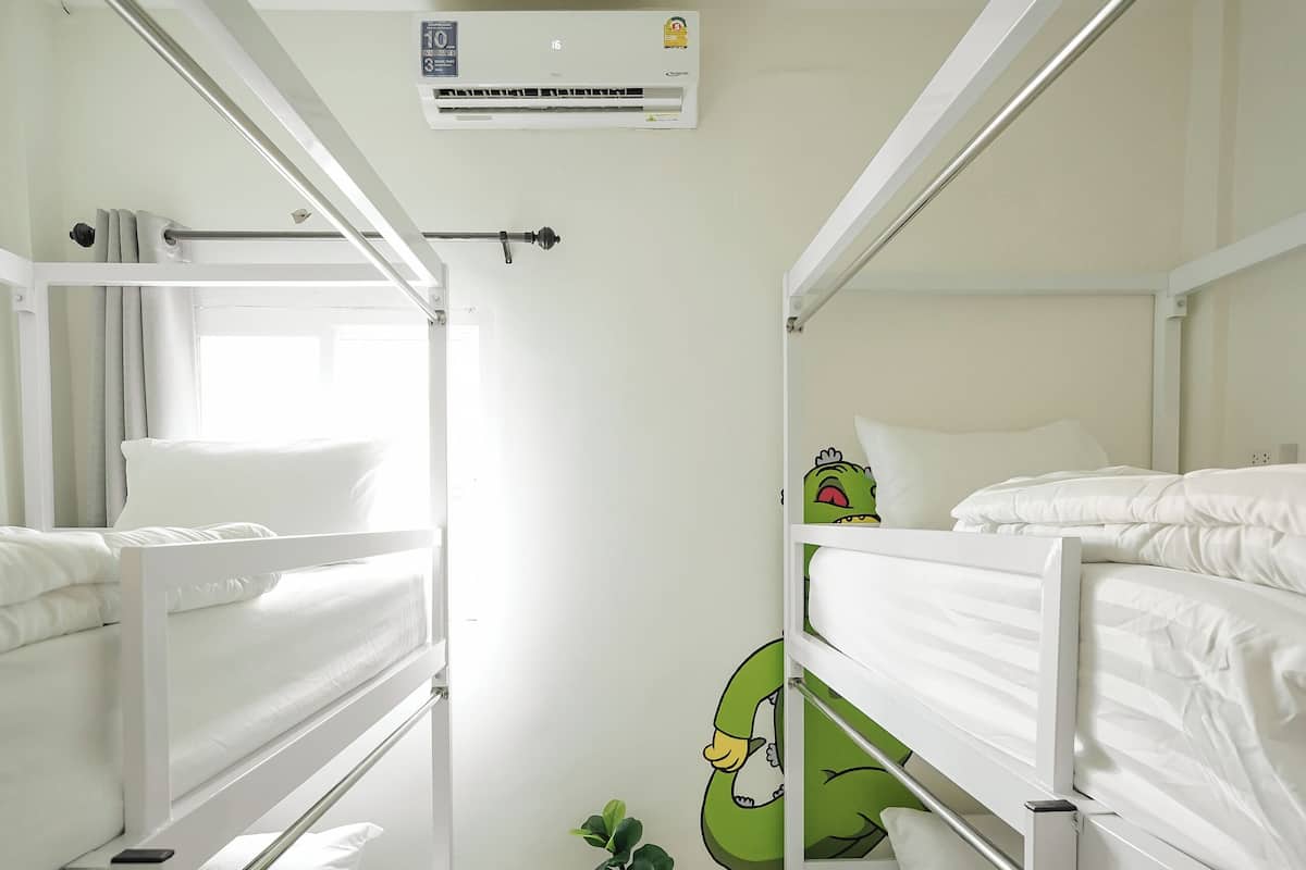 A narrow, well-lit room with bunk beds, a small potted plant, and a wall decoration.