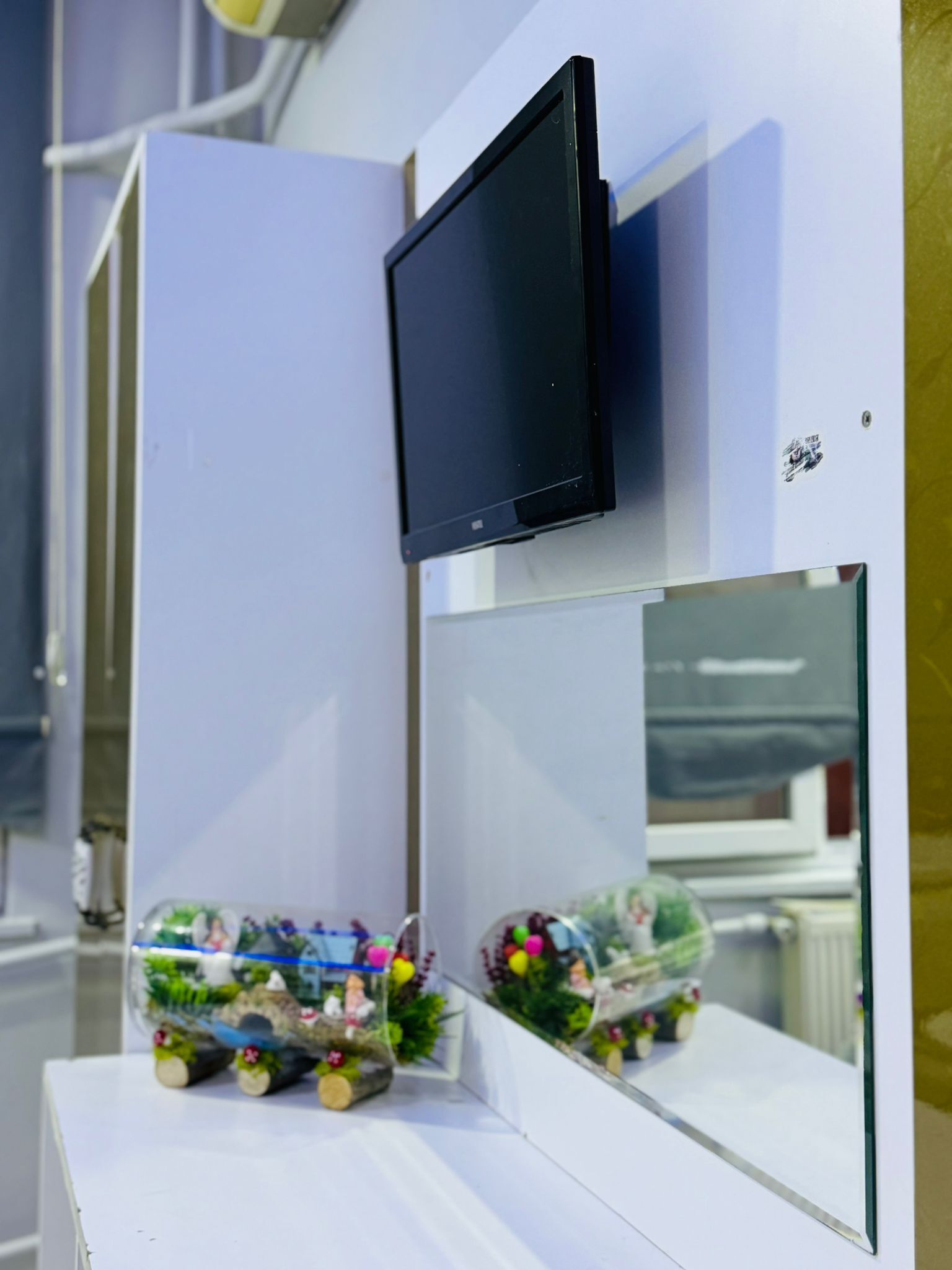 A room with a mounted television, a white cabinet, and a decorative display with small figurines and plants.